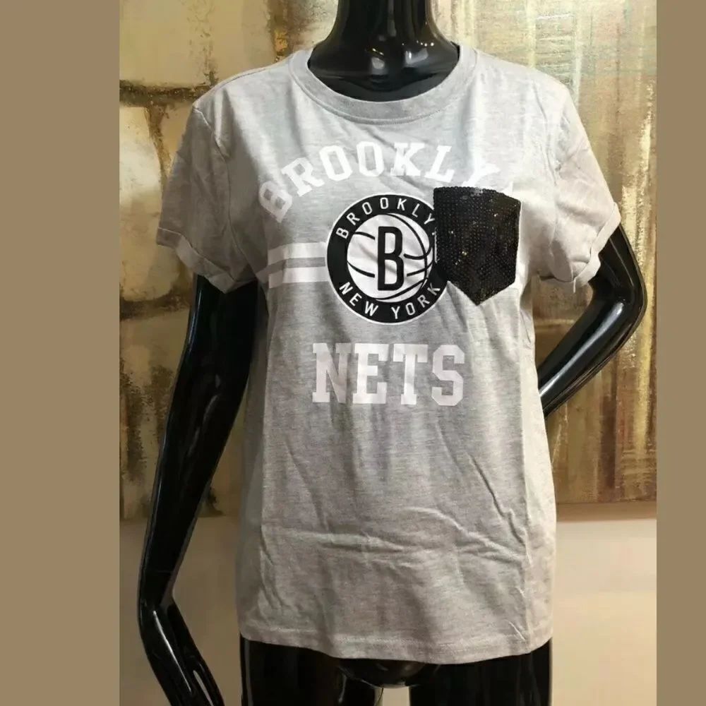 NBA Brooklyn Nets Sequin Pocket Tee Top Size Large
